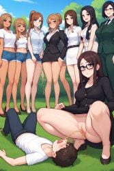 1boy ai_generated femdom milf multiple_females piss_drinking pissing pissing_in_mouth straight