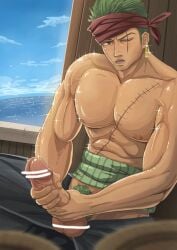 1boy balls ballsack bandana bandana_on_head bara bara_body bara_tiddies bara_tits barazoku beefy big_dick_energy big_penis bigger_male broad_shoulders collarbone defined_muscles earrings erect_penis erection fat_cock gay girthy_penis grabbing_penis green_hair green_pubic_hair haramaki huge_cock hunk japanese_male large_penis larger_male long_penis male male_focus male_only manly masculine_male masturbating masturbation muscles muscular muscular_male ocean one_piece pecs pecs_bigger_than_head pectorals penis pirate post-timeskip pubic_hair public public_indecency roronoa_zoro scar scar_across_eye scar_on_chest scar_on_face scars sea ship_deck solo solo_focus solo_male tall_male taller_male tough_guy trapezius waves wonart yaoi
