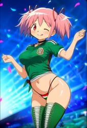 ai_generated artist_logo football hair_ribbon jersey madoka_kaname madoka_worship magical_girl mahou_shoujo_madoka_magica mexican_flag mexico navel pink_eyes pink_hair puella_magi_madoka_magica red_ribbon ribbon ribbons soccer sports_uniform sportswear thick_thighs thighhighs twintails uniform wide_hips world_cup