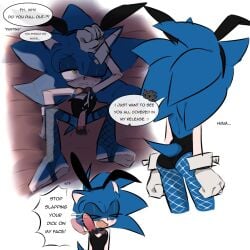 2boys black_fur blue_fur blush bunnysuit cum_on_body cumshot ear_blush english_text fake_animal_ears feet femboy fishnets one_eye_closed playboy_bunny shadow_the_hedgehog slapping_with_penis sonic_(series) sonic_the_hedgehog sonic_the_hedgehog_(series) stirrup_legwear xhnzzy yaoi yellow_eyes