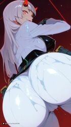 1girl ai_generated artist_name ass ass_focus bangs black_gloves blizzard_entertainment blunt_bangs bodysuit breasts cameltoe covered_nipples earrings from_behind gloves grey_hair horns jewelry large_breasts long_hair looking_at_viewer looking_back mole mole_under_eye overwatch overwatch_2 overwatch_archives overwatch_league pants patreon pussy_juice_drip_through_clothes questionable red_background red_eyes shiny shiny_clothes shiny_skin shion skin_tight smile solo sweat wet white_hair