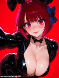 1girl ai_generated animal_ears arima_kana arlequin097 black_bodysuit black_bow black_bowtie black_choker blue_bow blunt_bangs blush bob_cut bodysuit bow bowtie breasts choker cleavage closed_mouth collarbone fake_animal_ears hair_bow large_breasts latex leaning_forward lips looking_at_viewer medium_hair open_bodysuit oshi_no_ko partially_unzipped rabbit_ears red_background red_eyes red_hair selfie short_hair simple_background smile solo unzipped zipper