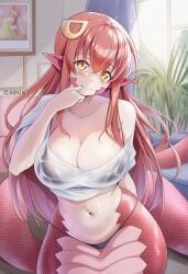 1girls ai_assisted ai_generated big_breasts kaelishorns lamia long_hair miia_(monster_musume) monster_girl monster_musume_no_iru_nichijou navel patreon patreon_username red_hair red_scales scales slit_pupils snake_girl watermark wet yellow_eyes