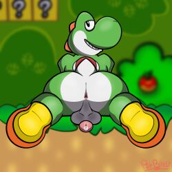 1:1 absurd_res anus balls big_butt bodily_fluids bubble_butt butt clothing dinosaur footwear genital_fluids genitals green_body hi_res highlights_(coloring) looking_at_viewer looking_back male mario_bros nintendo penis precum prehistoric_species presenting reptile scalie shaded shoes smug smug_face solo super_mario_world yoshi yoshi_(character)