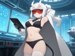 1girls ai_generated armpits demon demon_girl demon_horns demon_tail female female_only helltaker horns loremaster_(helltaker) red_eyes solo solo_female white_hair