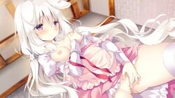 1girl amairo_chocolata animal_ears blush breasts female_masturbation fingering game_asset grabbing_own_breast indoors long_hair lying masturbation misono_ichika nipples pussy_juice shiratama_(shiratamaco) skirt solo spread_legs thighhighs white_hair