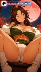 1girl 1girls 2026 ai_generated artist_name boobs breasts brown_hair bust chest crescent_moon electroworld full_moon fur-trimmed_boots fur_trim green_eyes hi_res high_quality high_resolution highres isshun_de_chiryou_shiteita_noni_yakutatazu_to_tsuihou_sareta_tensai_chiyushi_yami_healer_toshite_tanoshiku_ikiru legs_apart legs_spread moon night night_sky off_shoulder open_legs panties patreon patreon_username pointy_ears red_moon red_sky sky smile solo splayed_legs spread_legs stable_diffusion star_(sky) starry_sky tits underwear watermark yami_healer zophia_(yami_healer)