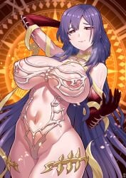areola_slip bare_shoulders blush breasts cleavage colored_hands fate/grand_order fate_(series) guriguri_(arayotto4351) large_breasts navel purple_hair red_eyes urd_(fate)