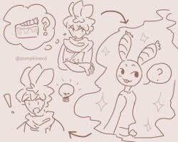 ! 2anthro 2boys ? apron arrow_(symbol) balloon_ears blush blushcrunch_studio blushing buckteeth cake carrot_cake comic_page crossing_arms dandy's_world dandys_world food for_a_head freckles freckles_on_face funny_bunny_looey idea_bulb leaf_hair light_bulb looey_(dandy's_world) no_color object_head pumpkinocd roblox sparkles speech_bubble sprout_(dandy's_world) thought_bubble video_games