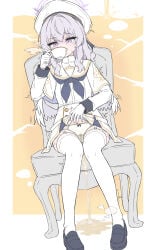1girl absurdres beret black_shoes blue_archive blue_neckerchief blush bow bow_panties breath capelet chair clothes_lift commentary_request cup dress dress_lift feathered_wings garter_straps gloves grey_hair halo hand_up hat have_to_pee highres holding holding_cup long_hair long_sleeves low_wings mizusaki_(kn27) motion_lines neckerchief on_chair panties pee pee_puddle pee_stain peeing peeing_self purple_eyes purple_halo shoes sitting solo sweat tea_party_militant_(blue_archive) teacup tearing_up thighhighs trembling underwear urine_meter wet wet_clothes wet_panties white_capelet white_dress white_gloves white_panties white_thighhighs white_wings wings yellow_background
