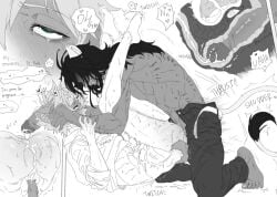 2boys anal_penetration anal_sex beastman comic cum_in_ass cum_inside cum_on_stomach gay holding_head hyena_ears hyena_tail legs_up leona_kingscholar lion_ears lion_tail male male/male partially_clothed penis rough_sex ruggie_bucchi scratches socks speech_bubble tearing_up twisted_wonderland twitching x-ray yaoi