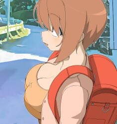 1girl alternate_version_available backpack bag breasts brown_eyes brown_hair cardigan cleavage commentary_request fang from_side hair_between_eyes henyaan_(oreizm) highres large_breasts nishizumi_miho open_cardigan open_clothes open_mouth oppai_loli original outdoors pink_cardigan profile randoseru red_bag road solo traffic_barrier upper_body
