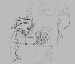1boy 1other ambiguous_gender anonymous_male bent_over blush duo half-dressed half_naked inscryption looking_at_another muscular p03_(inscryption) penetration penile penile_penetration pubic_hair robot sex shirt simple_background size_difference sketch standing standing_sex tremble_spikes trembling