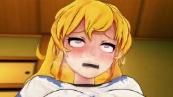 1girls 3d blonde_hair blush blushing closeup endured_face enduring_face implied_sex indoors koikatsu long_hair moaning open_mouth orgasm_face purple_eyes rolling_eyes rwby shirt solo solo_female sweat tagme yang_xiao_long yellow_hair