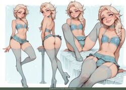 1boy ai-created ai_art ai_assisted ai_generated ass blue_bra blue_panties blush boichego bra bulge crossdressing disney elsa_(frozen) femboy femboy_only freckles full_body genderswap genderswap_(ftm) long_hair looking_at_viewer male_focus navel otoko_no_ko panties skirt smile thighhighs uncensored underwear white_legwear