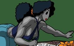 accidental_exposure black_eyes curly_hair dakota_(so_okay_heres_the_thing) dark-skinned_female dice doritos dungeons_and_dragons grey_skin halter_top hanging_breasts jeans medium_breasts muscular_female no_nose sideboob simple_background so_okay_heres_the_thing thick_thighs