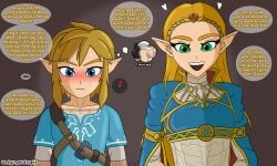 1boy 1girls blonde_hair blue_eyes blush blush_lines blushing censored english_text gold_(metal) gold_jewelry green_eyes hearts king_kirsch_(midnightundying) link link_(breath_of_the_wild) midnightundying_(artist) oc offscreen_character original_character princess_zelda royalty super_smash_bros. text the_legend_of_zelda the_legend_of_zelda:_breath_of_the_wild thought_bubble zelda_(breath_of_the_wild)