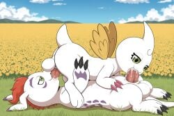 3_fingers 3_toes 69_position absurd_res ai_generated animal_genitalia anthro anthro_on_anthro anthro_penetrated anthro_penetrating anthro_penetrating_anthro balls bandai_namco big_balls big_penis black_claws bodily_fluids claws cloud cum cum_in_mouth cum_inside cum_on_body cum_on_face cum_on_penis cupimon digimon digimon_(species) digimon_adventure duo eyelashes fangs feet fellatio field fingers flower_field genital_fluids genitals gomamon grass green_eyes hair half-closed_eyes hand_on_partner hi_res horn huge_balls huge_penis long_ears long_tail looking_at_partner's_penis lying male male/male male_penetrated male_penetrating male_penetrating_male markings mountain narrowed_eyes on_back on_top oral oral_penetration orange_hair outside_sex paws penetration penile penis penis_in_mouth pink_claws plant purple_markings sex sheath sky tail teeth toes wings yellow_wings yiff_ai_(director)