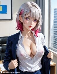 1girls ai_generated braless breasts business_suit casual casual_nudity chair cityscape cleavage computer covered_nipples encoder female indoors no_bra office office_chair office_clothing office_lady open_clothes public shirt two-tone_hair workplace