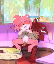 1boy 2girls against_glass amy_rose amy_rose_(boom) areolae background_character blue_eyes blush book commission detailed_background discarded_underwear face_against_glass fondling_breast green_eyes groping_breasts holding_breast keiph_the_tenrec metal_virus oc_x_canon orange_fur palm_tree panties_aside pink_fur pinklilim red_eyes red_sclera sonic_(series) sonic_boom sonic_the_hedgehog_(series) sticks_the_badger sticks_the_jungle_badger vaginal_penetration vaginal_sex voyeurism watching watching_sex zombot