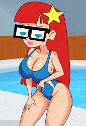 1girls ai_generated blue_eyes cartoon_network glasses imminent_sex indoors johnny_test_(series) looking_at_viewer one_piece_swimsuit pool red_hair seductive susan_test swimsuit teletoon