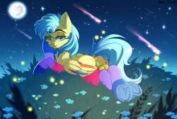 alternate_character alternate_version anus balls bisexual butt chest_fluff clothes commission ear_fluff ears_up explicit femboy field flower friendship_is_magic full_body genitals glasses grass grass_field horn lgbt looking_at_you looking_back looking_back_at_you lying_down male mlp mlp_g4 moon my_little_pony night nudity outdoors plot pony pride pride_flag pride_month prone smiling smiling_at_you socks solo stars striped_socks tail unicorn yuris_(artist)