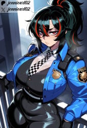 1girl against_railing ai_generated bangs belt black_gloves black_hair black_jacket black_pants black_vest blue_jacket blush bra_visible_through_clothes breasts checkered_necktie clothing collared_shirt cowboy_shot cropped_jacket curvy english_text female gloves hair_between_eyes huge_breasts jacket jennieart02 large_breasts long_hair long_sleeves looking_at_viewer multicolored_hair necktie open_clothes pants patreon patreon_logo patreon_username pocket police police_badge police_uniform policewoman ponytail railing red_eyes red_hair shirt solo streaked_hair sweat sweaty_clothes thick_thighs thighs twitter twitter_username two-tone_hair uniform vest watermark wet wet_clothes white_shirt wide_hips