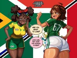 2girls accelart dark-skinned_female english_text flag football_uniform hourglass_figure huge_ass huge_breasts national_personification nipple_bulge rivals see-through_clothing world_cup