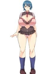 big_breasts blue_hair bra cleavage female female_only full_body huge_breasts looking_at_viewer microskirt miniskirt necktie necktie_between_breasts nursing_bra nursing_clothes open_shirt original panties pink_bra pink_panties short_hair smile solo standing wide_hips