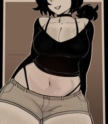 1girls 2d andrewgrayves ashley_graves belly big_breasts black_hair breasts choker cleavage clothed female female_only panties ponytail smile solo solo_female stomach the_coffin_of_andy_and_leyley thick wide_hips
