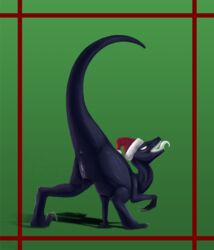 2018 all_fours anus christmas claws dinosaur dripping female feral hat headwear holidays looking_back nude open_mouth phinja presenting pussy pussy_juice raised_tail raptor reptile santa_hat scalie simple_background smile solo teeth theropod tongue tongue_out