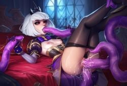 ai_generated black_eyeshadow black_lipstick black_panties black_pantyhose blowjob creampie crown cum cum_in_pussy cum_on_breasts cum_on_thighs double_handjob double_penetration fellatio handjob heroes_of_the_storm lace_panties orphea purple_dress purple_tentacles red_eyes short_hair small_breasts tentacles triple_penetration white_hair