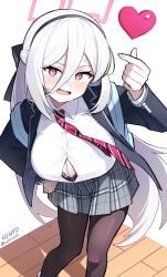 aged_up big_breasts blue_archive blush bra embarrassed halo kei_(blue_archive) long_hair necktie robot_girl skirt solo solo_female tie white_hair