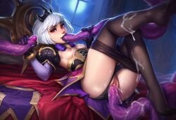 ai_generated black_eyeshadow black_lipstick black_panties black_pantyhose creampie crown cum cum_in_pussy cum_inside cum_on_breasts cum_on_thighs double_handjob handjob heroes_of_the_storm lace_panties orphea purple_dress purple_tentacles red_eyes short_hair small_breasts tentacles white_hair