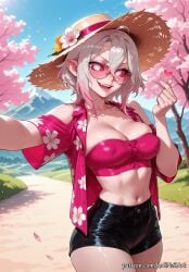 1girl 2026 ahoge ai_generated anime bare_shoulders black_shorts boobs breasts briar_(league_of_legends) cherry_blossoms cleavage covered_nipples crossover day eye_contact fangs female female_focus flower glasses grey_hair hair_between_eyes hat hat_flower heart highres league_of_legends looking_at_viewer medium_breasts midriff moaning multicolored_hair navel nsfw open_clothes open_mouth open_shirt outdoors patreon patreon_username petals pink_eyes pink_hair pointy_ears riot_games rognezart shiny_skin shirt short_hair short_shorts shorts smile smiling solo straw_hat sun_hat sunglasses tinted_eyewear tree
