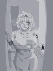 1girl bare_shoulders blush door half-closed_eyes large_breasts lips mole_under_eye naked_towel nude_cover smile towel towel_around_waist wet_towel