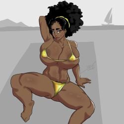 1girls big_breasts bikini boat dark-skinned_female female gold_bikini huge_breasts original_character string_bikini
