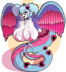 1girls acubedpersonoid bikini blue_hair blue_wings claws elf_ears exposed_chest fangs hearts huge_breasts humanoid lobotomy_corporation makeup monster_girl naga pigtails pink_bikini pink_feathers project_moon queen_of_hatred serpent wings
