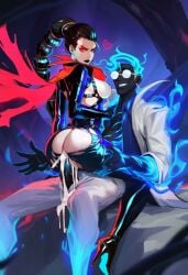 ai_art ai_assisted ai_generated aisei black_body couple couple_sex cum cum_inside enemies_with_benefits glowing glowing_eyes glowing_genitalia grabbing harness high_heel_boots high_heels inverted_colors latex latex_clothing league_of_legends league_of_legends:_wild_rift lights looking_at_viewer looking_back neon new_character pandemonium_series sitting_on_lap sitting_on_penis sitting_on_person vayne