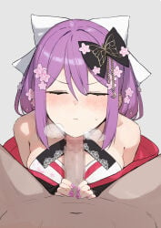 1boy 1girl after_fellatio animal_print blush bow breasts breath butterfly_print censored cherry_blossom_print closed_eyes closed_mouth clothed_female_nude_male commentary_request commission floral_print hair_bow hair_ornament highres japanese_clothes mosaic_censoring nail_polish nijisanji nude pov purple_hair ribbon sakura_ritsuki sakura_ritsuki_(1st_costume) simple_background skeb_commission swallowing toima_(beat0829) tongue tongue_out variant_set virtual_youtuber