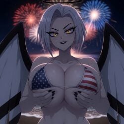 1girls ai_generated american_flag_bikini angel angel_wings beach beach_side big bikini black_halo black_lips black_lipstick black_nails bob_cut breasts female fireworks grabbing grabbing_breasts grabbing_own_breast halo hazbin_hotel hazbin_hotel_(season_2) hi_res high_resolution hires looking_at_viewer lute_(hazbin_hotel) night night_sky nighttime ocean short_hair tagme underboob water white_hair white_skin wings yellow_eyes