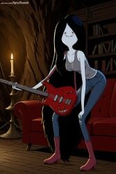 1girl adventure_time ai_generated black_hair blue_skin boots breasts denim electric_guitar full_body guitar hi_res high_quality high_resolution holding_instrument instrument jeans long_hair marceline music pants patreon playing_instrument seductive sexy sitting solo spicytoonai uncensored very_long_hair watermark