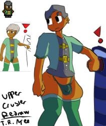 1boy brown_skin buckle character_request doodle ear_piercing english_text exclamation_point femboy femboy_only first_porn_of_character grey_hair pressing_button redraw self_upload shirt streets_of_rogue tag_request therandombee thick_thighs thighhighs thighs thong vest white_background