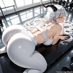 1girl aegir_(azur_lane) ai_assisted ai_generated alternate_costume ass azur_lane bangs bare_shoulders blush breasts brown_eyes curvaceous curvy curvy_female curvy_figure earrings female horns jewelry large_breasts long_hair looking_at_viewer looking_back miyuai multicolored_hair silver_hair solo sports_bra streaked_hair thick thick_ass thick_butt thick_hips thick_legs thick_thighs thighs two_side_up voluptuous voluptuous_female wide_hips wide_thighs window