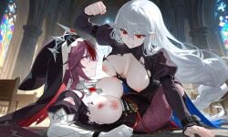 2girls ai_generated arknights braid braided_hair breasts breasts_out bruise bruised catfight crossover damaged fight fighting fishnets genshin_impact girlfight multicolored_hair ndsilver059 nipples nun nun_outfit pale-skinned_female pale_skin pink_eyes punch punching purple_hair red_eyes red_hair rosaria_(genshin_impact) specter_(arknights) streaked_hair torn_clothes torn_clothing white_hair yuri
