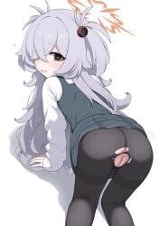 1girl absurdres anus ass blackness_(blackness661) blue_archive blush brown_eyes brown_halo commentary_request crotch_seam dress eyeball_hair_ornament from_behind grey_hair hair_ornament hair_over_one_eye halo heart highres kanoe_(blue_archive) korean_commentary long_hair long_sleeves looking_at_viewer multicolored_eyes open_mouth pantyhose pinafore_dress pussy shirt simple_background sleeveless sleeveless_dress smile solo thighband_pantyhose torn_clothes torn_pantyhose two-tone_eyes two_side_up white_shirt