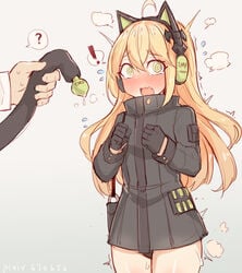 ! ? @_@ animal_ears bag bangs black_coat black_gloves black_panties blonde_hair blush cat_ears cat_tail character_name clenched_hands commentary_request cowboy_shot embarrassed eyebrows_visible_through_hair fake_animal_ears fake_tail female flying_sweatdrops fume girls'_frontline gloves green_eyes grey_background headphones high_collar long_hair long_sleeves mou_tama_maru no_pants nose_blush oerba_yun_fang open_mouth panties shoulder_bag solo_focus spoken_exclamation_mark spoken_question_mark surprised sweat tail tareme tearing_up tmp_(girls_frontline) underwear wavy_mouth