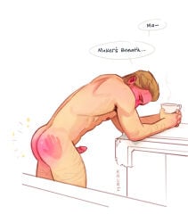 1boy ass ass_focus ass_slap blonde blonde_hair blonde_male blush blushing boys_only butt_naked cullen_rutherford dragon_age dragon_age_inquisition drinking drinking_coffee erect erect_penis focus_on_ass fully_naked_male fully_nude fully_nude_male hand_print hand_print_on_ass hand_print_on_butt kauriart male male_only mug naked naked_male penis slap_mark slap_mark_on_ass speech_bubble