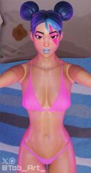 3d 3d_(artwork) alternate_version_available arms_up bikini bikini_bottom bikini_top blue_highlights eye_contact facepaint female female_focus female_only fortnite hair_bun hairband laying laying_back laying_down looking_at_viewer mouth_open multicolored_hair oil oiled oiled_body oiled_skin open_mouth pov pov_eye_contact shiny shiny_skin solo solo_female solo_focus sparkle_diva tob_art_ watermark