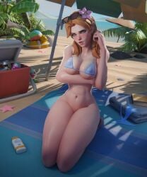 1girls 3d beach beach_background beach_towel bottomless breasts freja_(overwatch) hasfeldt looking_at_viewer overwatch sunglasses sunglasses_on_head